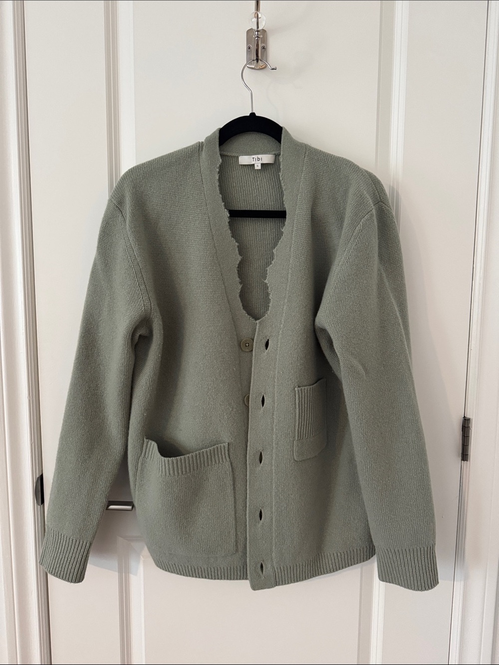 Tibi Scalloped V-Neck Cardigan in Sage Green